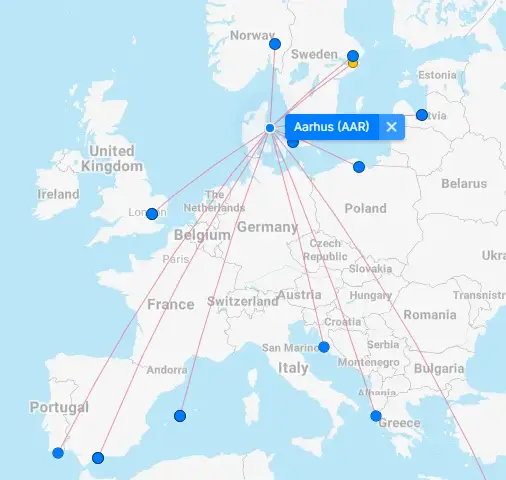 Direct flights to Aarhus from Europe